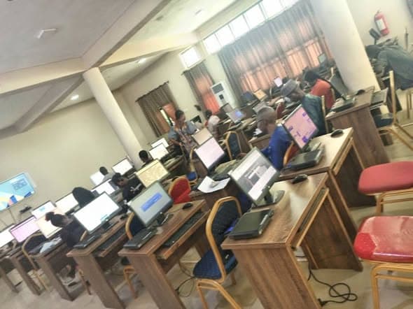 E-library computer terminals in use